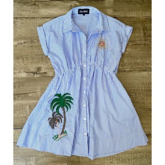 Style Mafia Dresses & Skirts - Style Mafia Beaded Stripe Shirt Dress Blue White S